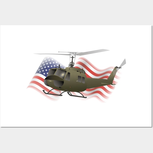 UH-1 Huey Helicopter with American Flag Wall Art by NorseTech